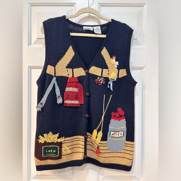 Capacity Vintage 80’s Ramie Cotton Farm Vest Sz L Chicken Apple Granny Teacher - Picture 1 of 10